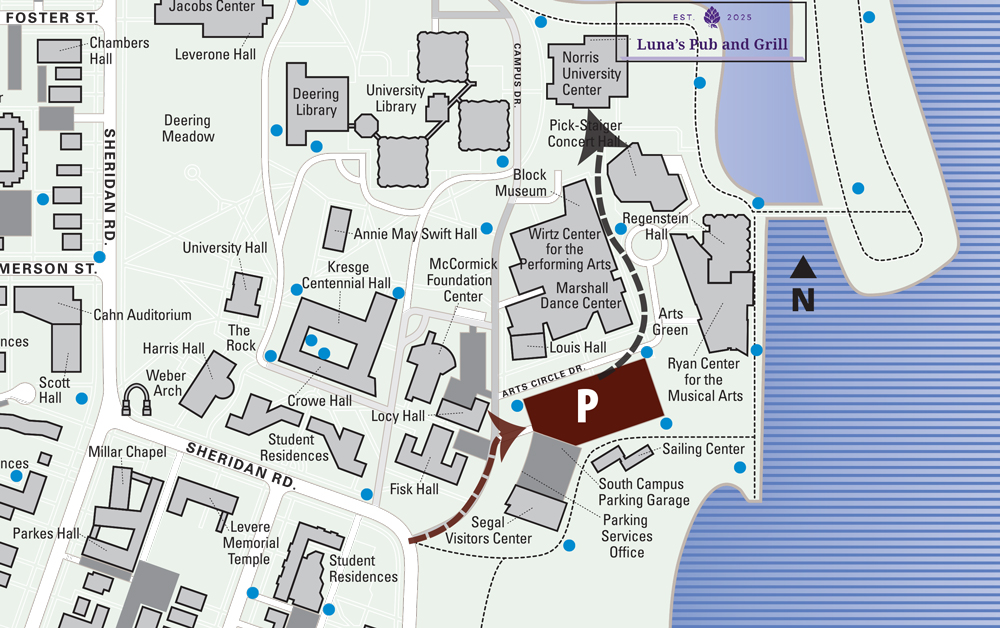 Map to Luna's Pub and Grill, Norris Center, Northwestern University